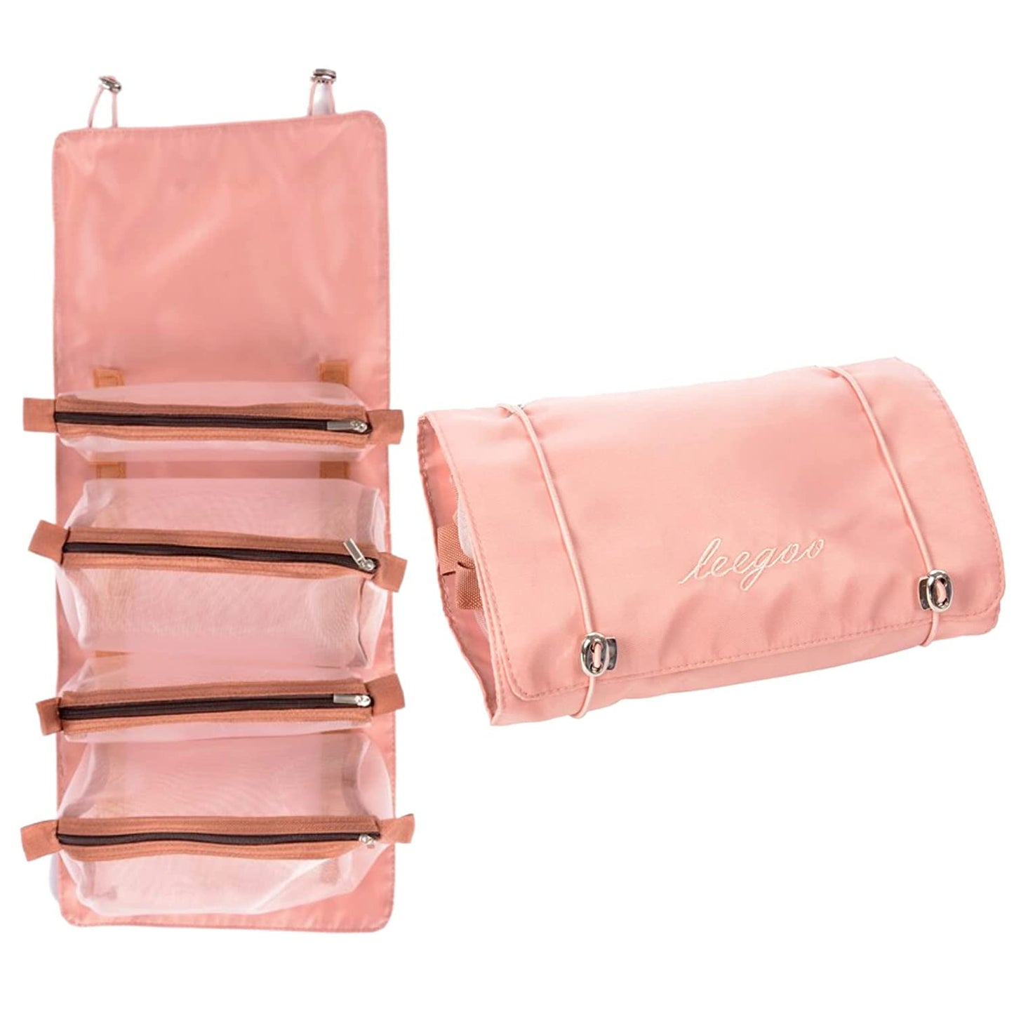 Folding Travel Toiletry Bag with 4 Compartments,Detachable Cosmetic Organizer (Pink)